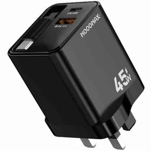 45W wall Charger with built-in Type-C cable, dual-port (charger type c PD) & (USB), charger adapter supports Type-C iPhone charger and other devices, type c adapter with overvoltage protection (Black)