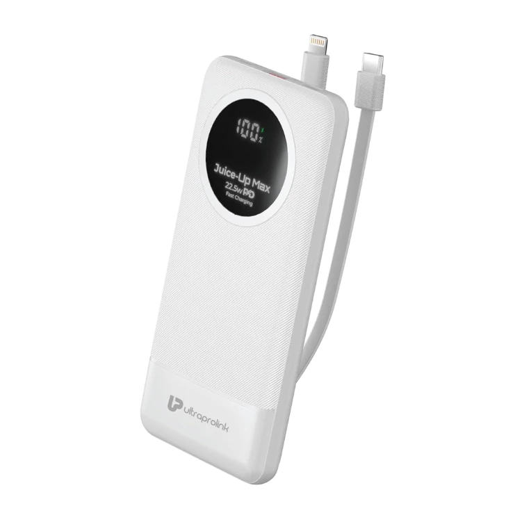 Power Bank PD 10000mAh - Card Size Design - LED Battery Indicator - 1xUSB A & 1xType-C Ports - 20W PD - Fast Charging - Multiple Protection Systems - Travel Friendly - White