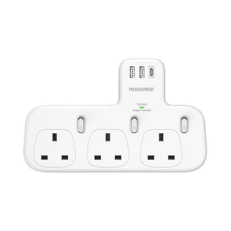 Multi Plug Extension Socket - 3 USB Charging (2xUSB-A & 1xUSB-C Ports) - Wall Power Strip - 3 AC Outlets-Smart Surge Protection–Wall Mounted Design–Safe Power Hub-Electrical Outlet Extender-13A 3250W