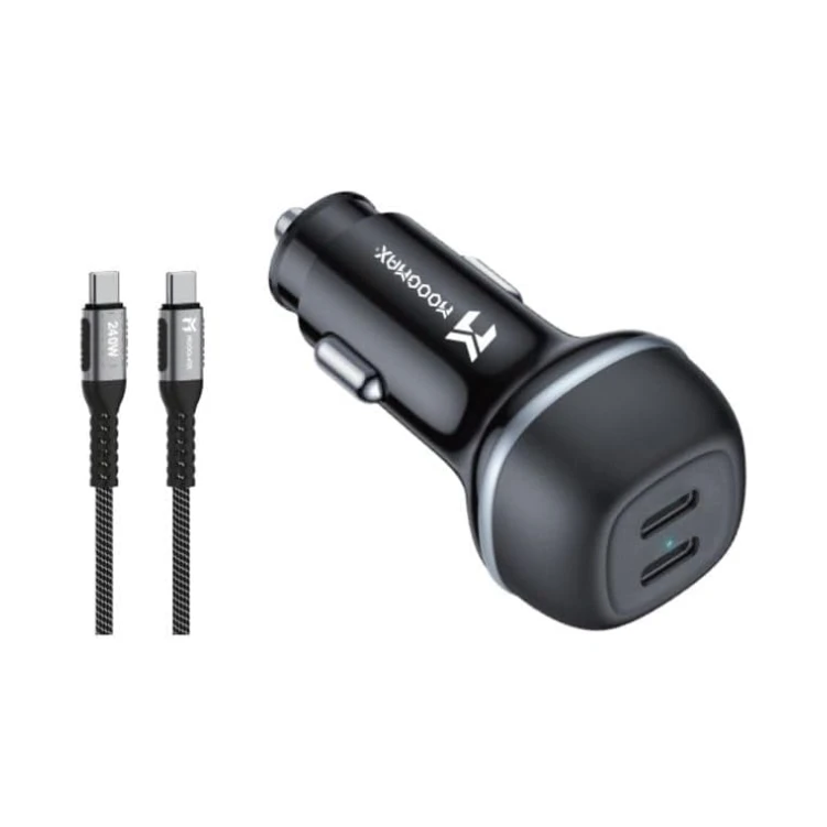 MOOGMAX 3-in-1 Dual-Port Car Charger – 60W Fast Charging for Two Devices Simultaneously with 240W High-Quality fabric Cable Included